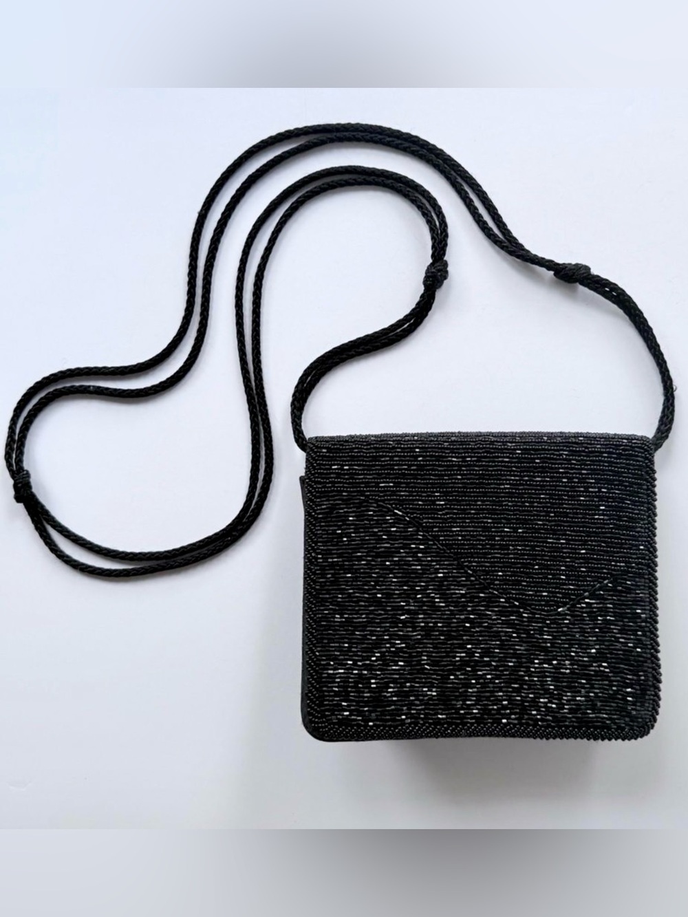 Vintage 1990s Diane Von Furstenberg Beaded Black Satin Evening Crossbody Bag